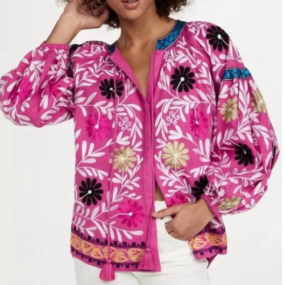 NWOT Alexis Pink Floral Bomber blouse embroidery size L